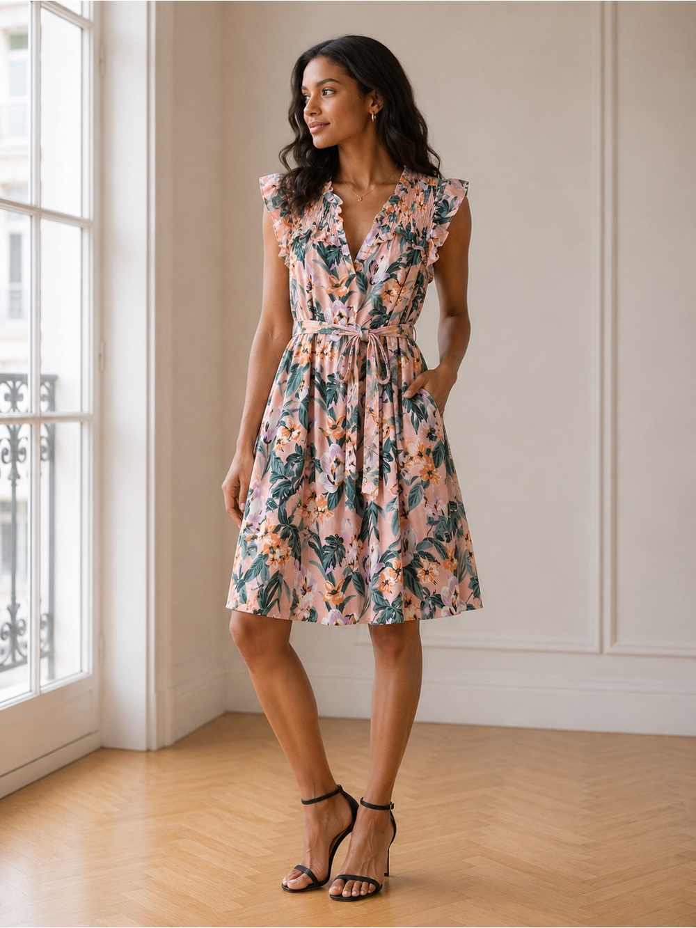 LOFT Pink Floral Tie-Waist Mini Dress